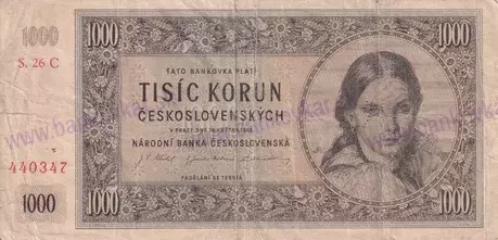 1000 Kčs 1945 neperforovaná séria 26Cstav 3/4