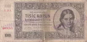 1000 Kčs 1945 neperforovaná séria 27A (stav 4)