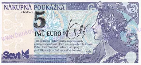 5 Euro nákupná poukážka Mucha/podpis/