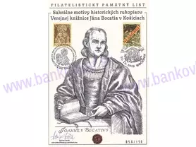 Autorský pamätný list Sakrálne motívy histor.rukopisov ... + známky + pečiatky + podpis A.Ferda