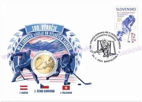 Numizmatická obálka: 100.výročie konania ME v ľadovom hokeji vo Vysokých Tatrách