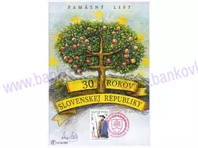 Pamätný list 30 rokov SR + známka + pečiatka + podpis A.Ferda