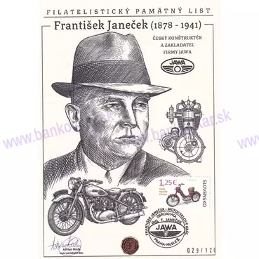 Pamätný list F.Janeček (JAWA)- známka, pečiatka a podpis A.Ferda