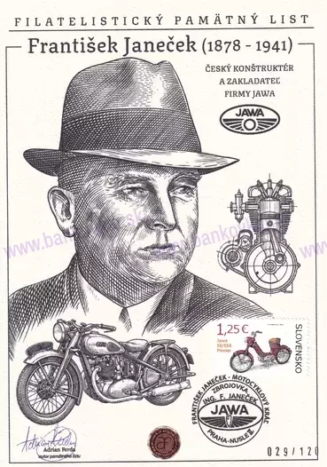 Pamätný list F.Janeček (JAWA)- známka, pečiatka a podpis A.Ferda