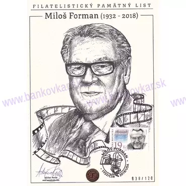 Pamätný list Miloš Forman - známka ČR, pečiatka a podpis A.Ferda