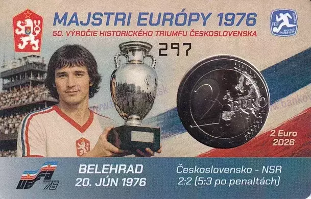 Zberateľská karta 2€ SK 2026 UNC - 50.výročie víťazstva futbalistov ČSSR na ME 1976 v Belehrade